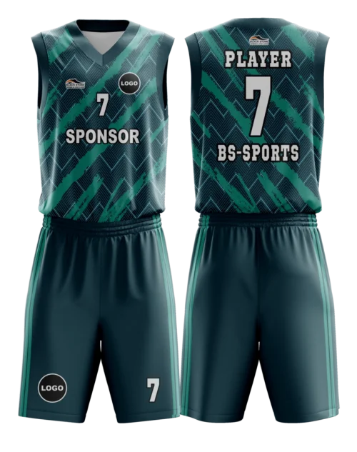 Yeşil ve mavi renklerden oluşan modern görünümlü basketbol forması ve çizgili şortlu basketbol şortu.