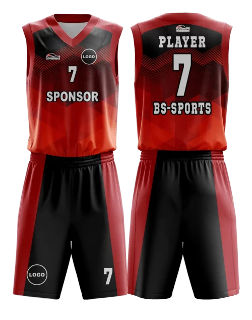 Siyah ve kırmızı renklerden oluşan modern desenlere sahip basketbol forması ve siyah renkli, kırmızı şeritli basketbol şortu.
