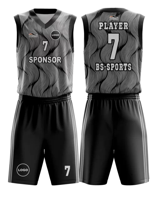 gri ve siyah düzenli desenlere sahip basketbol forması ve kenarlarından ikişer çizgi geçen şortu
