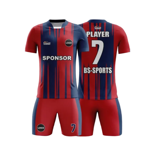 lacivert ve kırmızı renge sahip futbol forması tasarımı ve şortu
