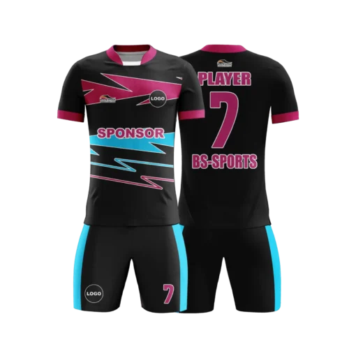 üzerinde pembe ve açık mavi dört adet desen bulunan siyah futbol forması