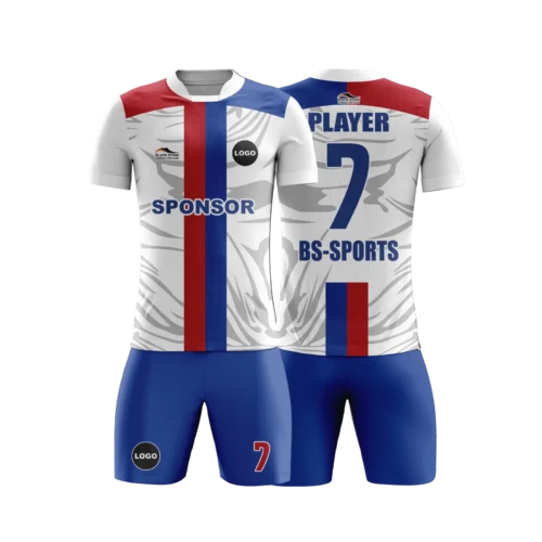 ortasından mavi ve kırmızı şerit geçen beyaz gri desenli futbol forması tasarımı