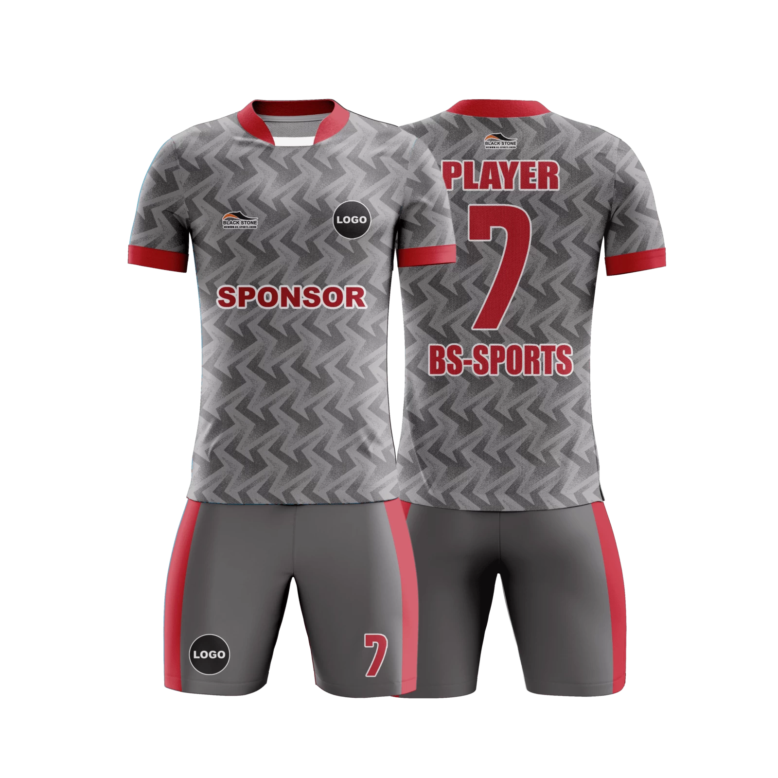 Gri, siyah desenli, kırmızı detaylara sahip futbol forması.
