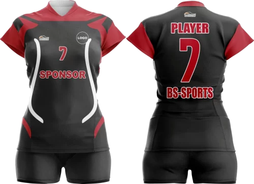 omuz bölgeleri kırmızı gövdesinde beyaz çizgi içeren siyah voleybol forması