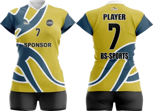kenarından beyaz kontürlü mavi desenler uzanan sarı voleybol forması