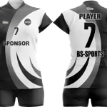 Bir tarafı beyaz desenlerle kaplı siyah kadın voleybol forması tasarımı.
