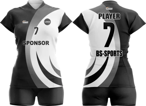Bir tarafı beyaz desenlerle kaplı siyah kadın voleybol forması tasarımı.
