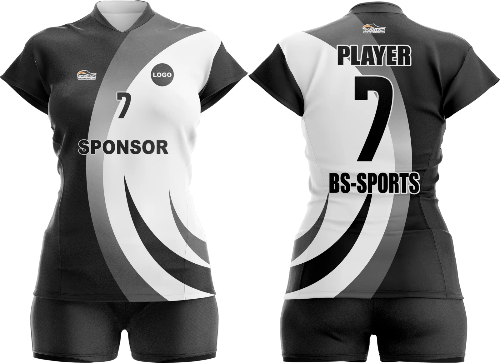 Bir tarafı beyaz desenlerle kaplı siyah kadın voleybol forması tasarımı.