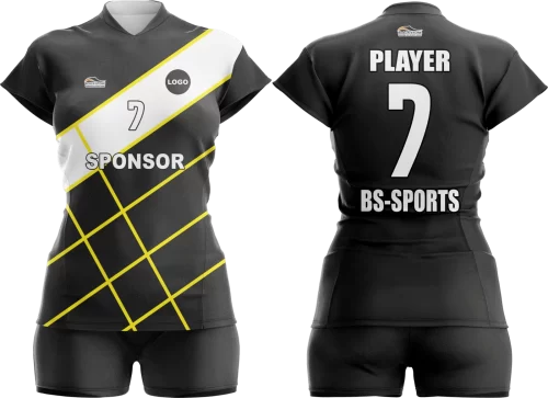 Omuz hizasından beyaz çizgiye sahip sarı geometrik desenli voleybol forması ve voleybol taytı.