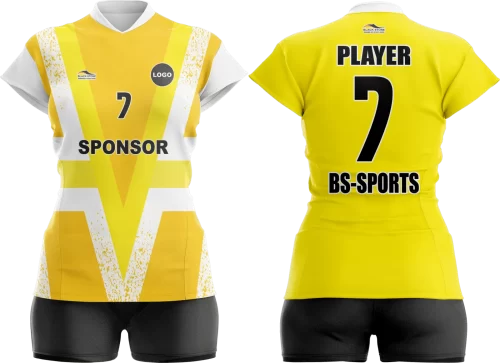 Sarı beyaz desenli voleybol forması ve voleybol taytı.
