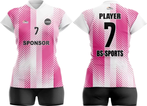Pembe beyaz voleybol forması ve düz siyah voleybol taytı.
