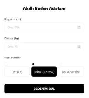 Akıllı beden asistanı, Giysi Beden Hesaplayıcı, Beden hesaplayıcı arayüzü bilgi sekmeleri ve onaylama butonu.