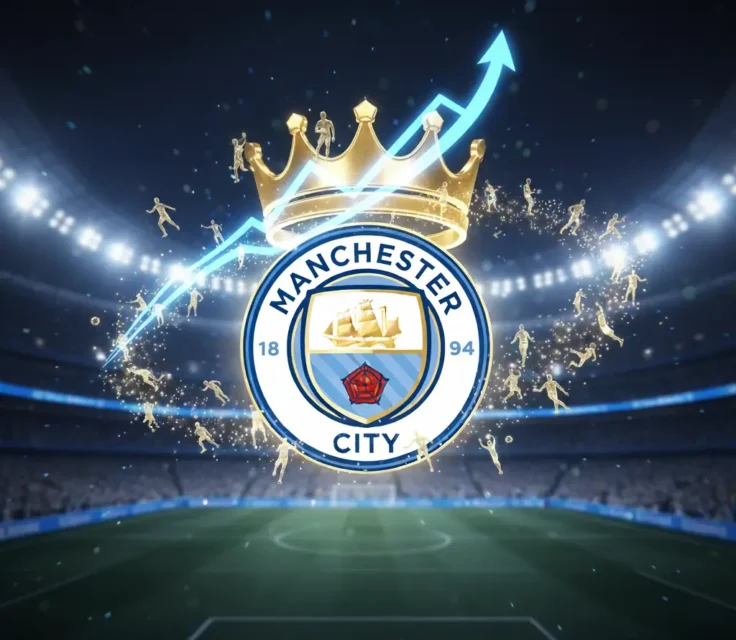 saha tepesinde manchester city logosu, üzerinde kral tacı ve yükselen ok