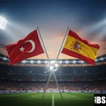 Türk Bayrağı Ve İspanya Bayrağı Futbol Sahası İçinde Ve Ortada Beyaz Bir Futbol Topu İkonu