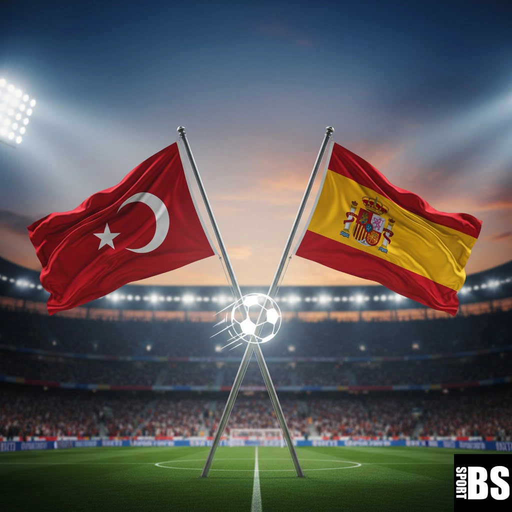 Türk Bayrağı Ve İspanya Bayrağı Futbol Sahası İçinde Ve Ortada Beyaz Bir Futbol Topu İkonu