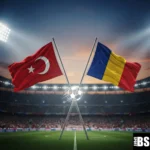 turkiye romanya maçı play off turk bayragi ve romanya bayragi futbol sahasi icinde ve bir futbol topu ikonu