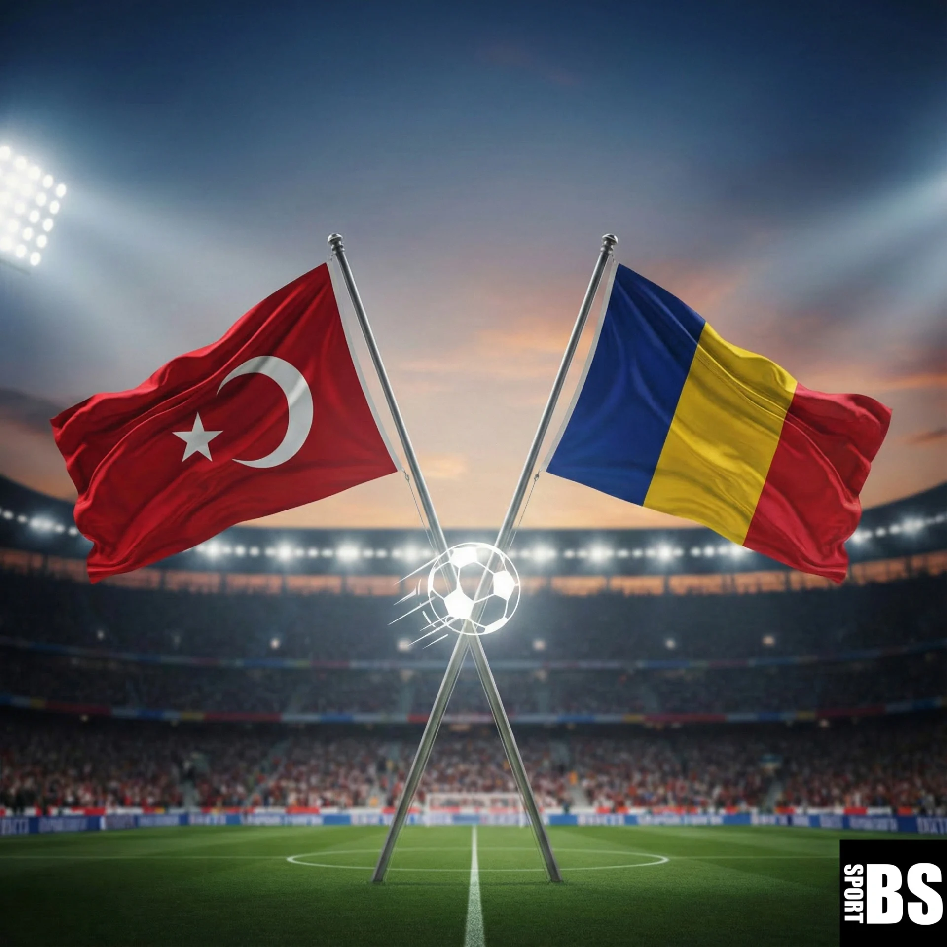 turkiye romanya maçı play off turk bayragi ve romanya bayragi futbol sahasi icinde ve bir futbol topu ikonu